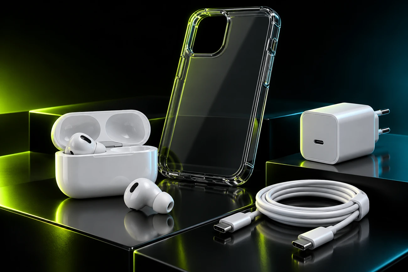 Composição publicitária ilustrativa de fones, capinha e carregador
