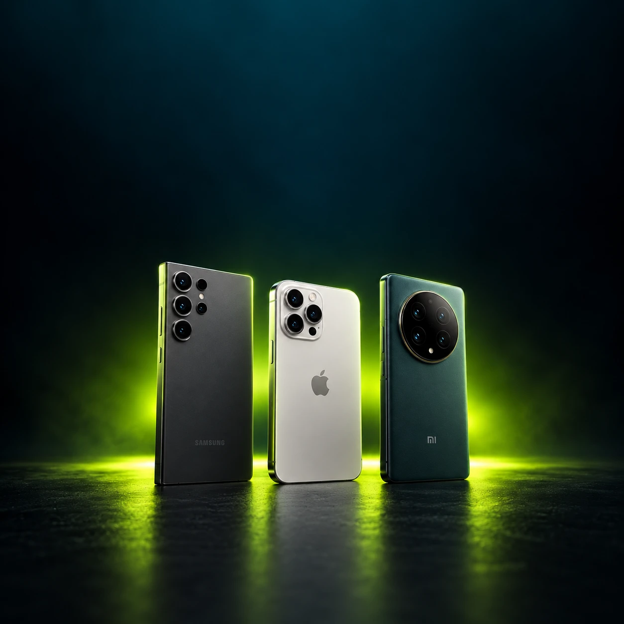 Imagem ilustrativa de aparelhos Samsung, iPhone e Xiaomi