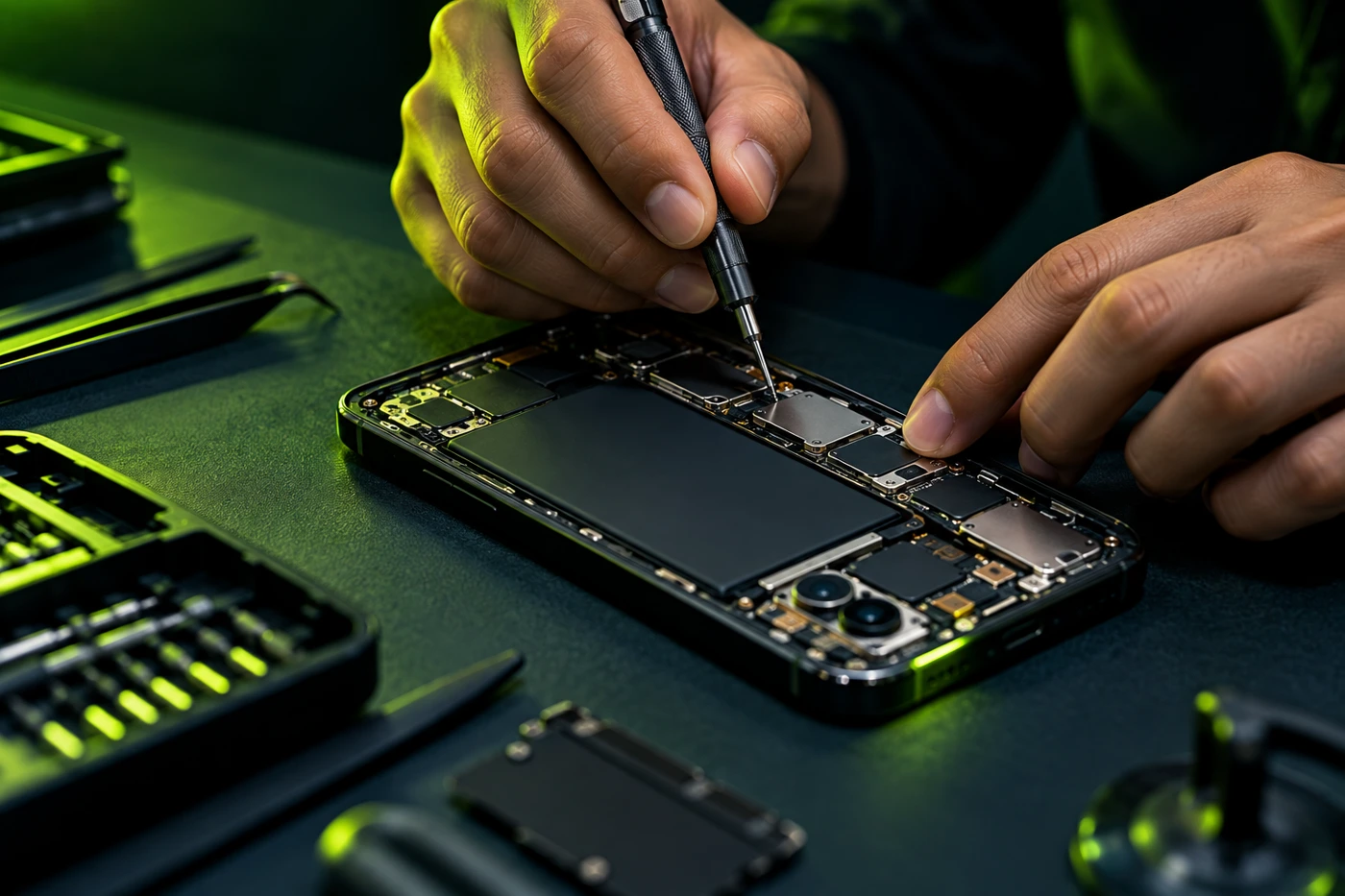 Imagem ilustrativa de mãos trabalhando em um reparo de smartphone