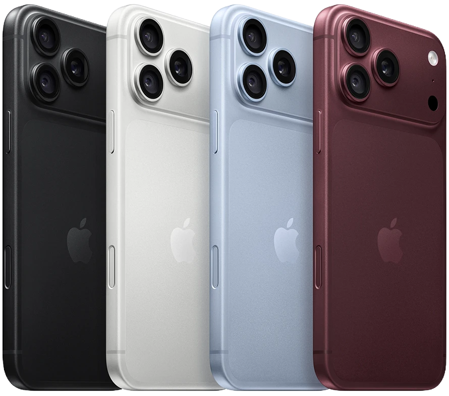 Quatro aparelhos da campanha iPhone 18 em preto, branco, azul e bordô